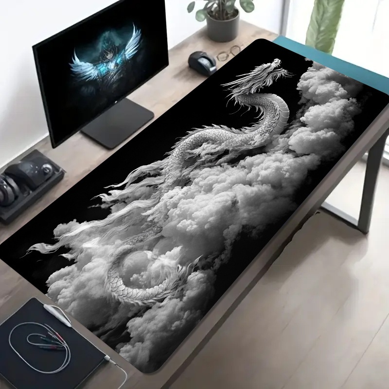 Desk Setup Laptop And Pc - Siyah Beyaz Ejderha Oyuncu Mouse Pad'i