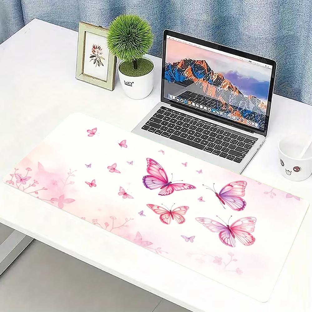 Desk Setup Laptop And Pc - Sulu Boya Pembe Kelebek Desenli Büyük