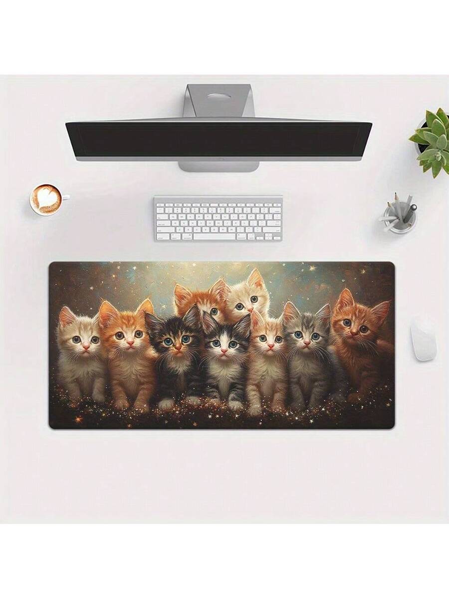 Desk Setup Laptop And Pc - Sevimli Kedi Oyun Mouse Pad'i Masa