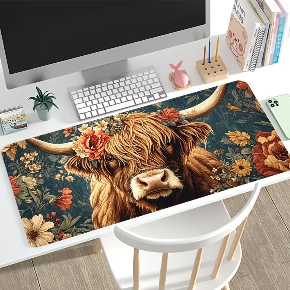 Desk Setup Laptop And Pc - Vintage Highland Cow Çiçek Desenli Oyun